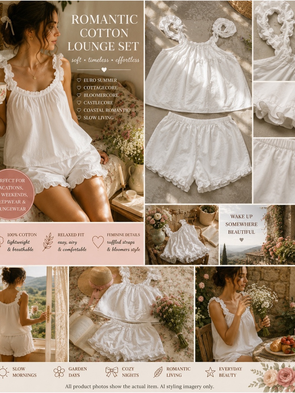 White Cotton Lounge Set Ruffle Bloomers Euro Summer Cottagecore M/L EUC milkmaid